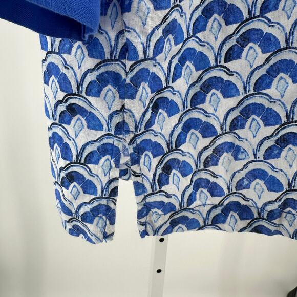 Sigrid Olsen Popover Linen Shirt Womens M Royal Blue Floral Collared 3/4 Sleeve - Picture 5 of 11